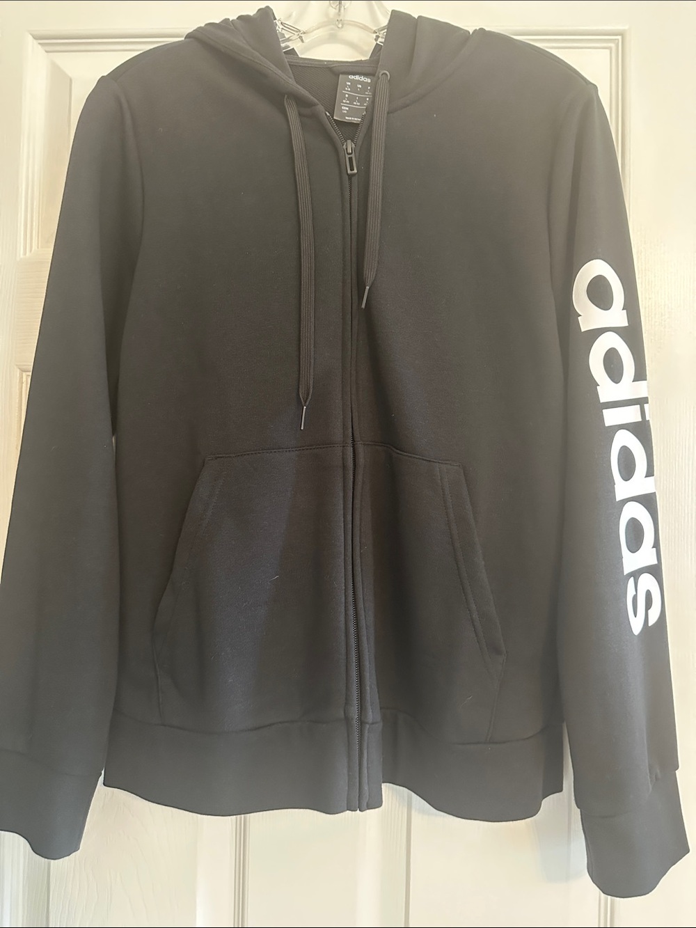 adidas Black Zip Hoodie with White Sleeve Wordmark NWOT *fits more like a medium